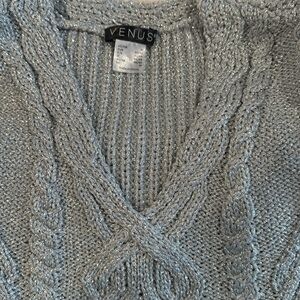 Venus Silver Sparkle V-Neck Cable Knit Sweater - M